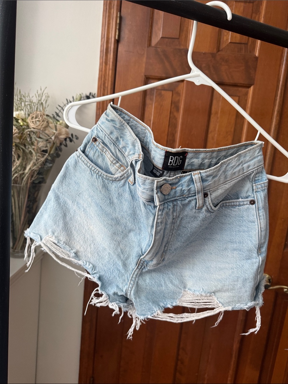 BDG Light Wash High-Rise Distressed Denim Shorts